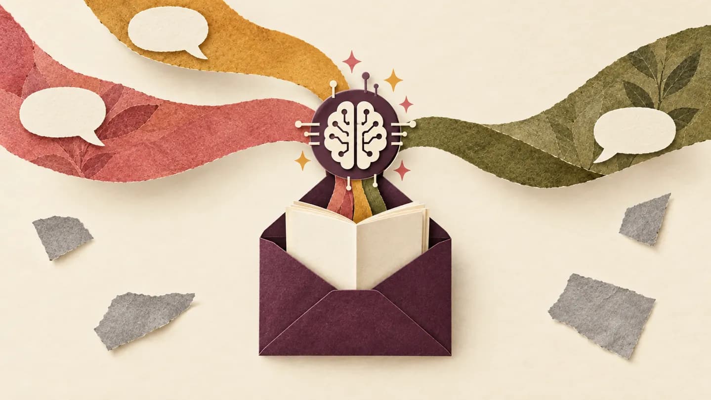 Three colored request ribbons with speech bubbles converge through a brain-and-circuit AI symbol into an aubergine envelope holding a booklet.