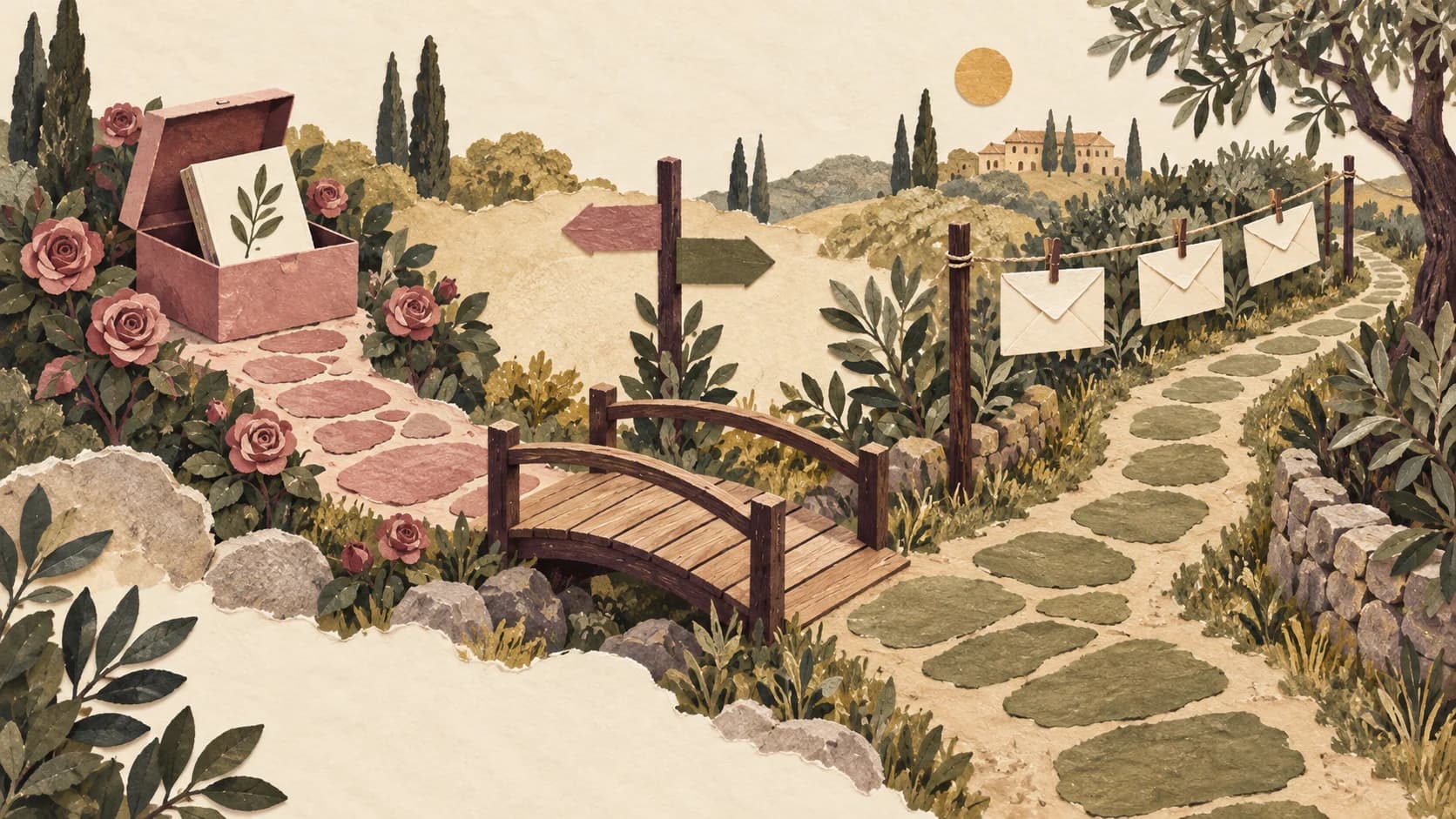 A rose garden path leads to a booklet and gift box, while an olive path leads to envelopes; a wooden bridge joins the paths.