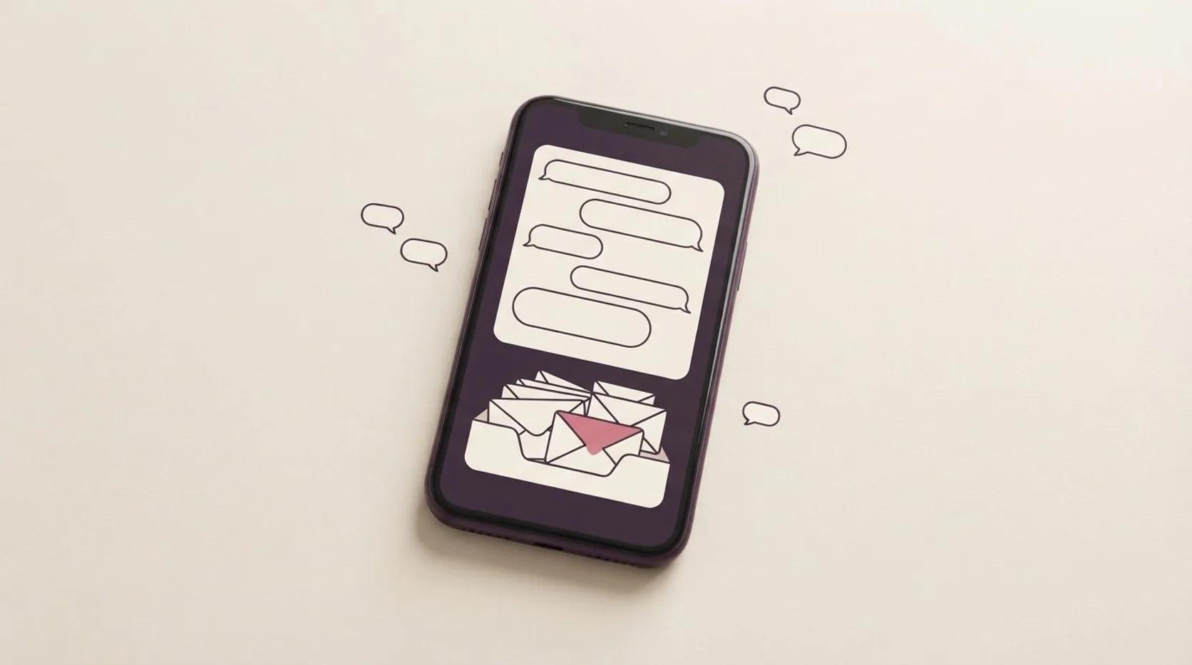 Instagram message requests illustrated: a phone showing a main chat tray above a small tray of sealed envelopes waiting to be opened