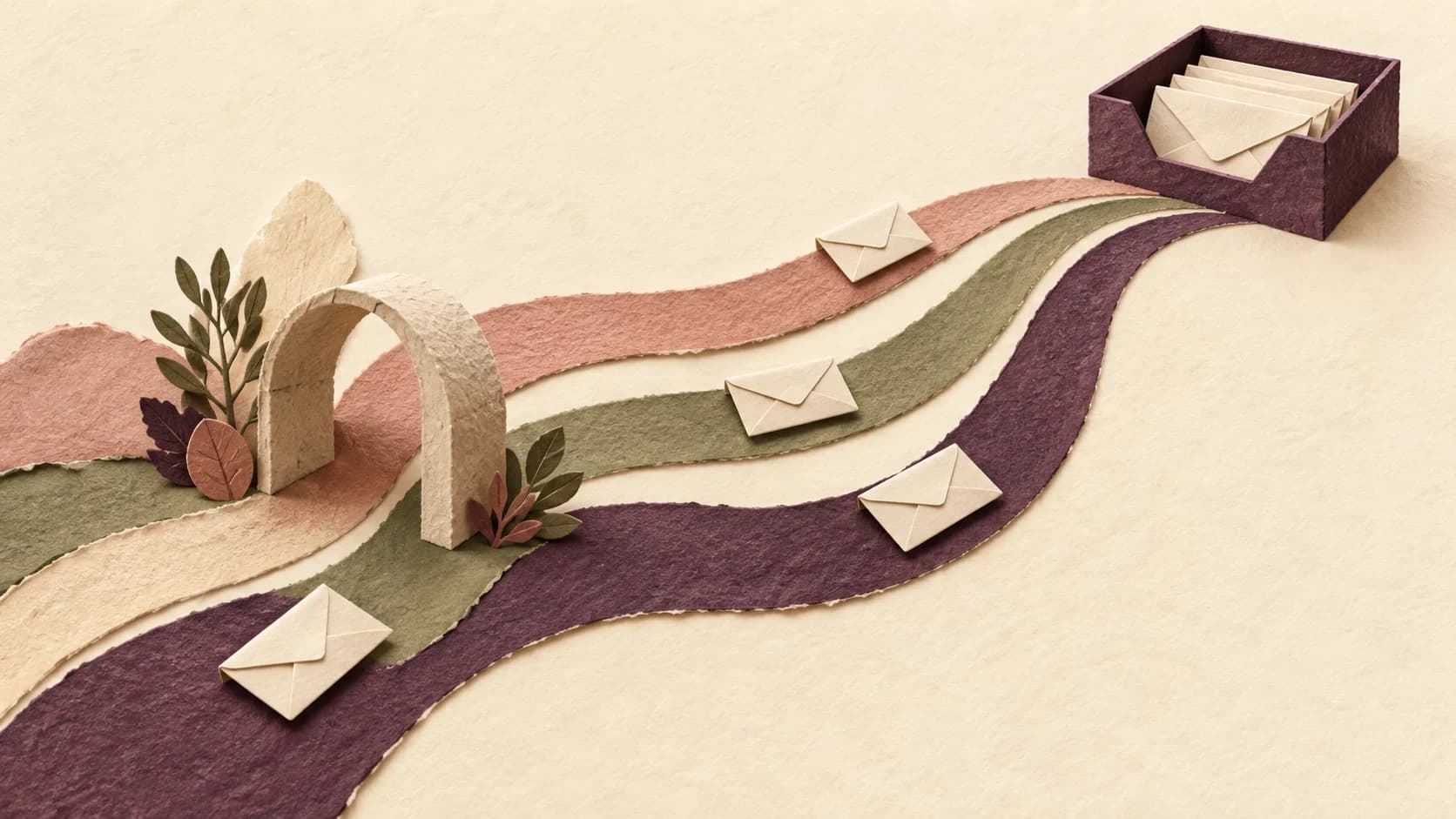 Cream envelopes follow dusty-pink, olive, and plum paper paths through an arch toward an organized inbox.
