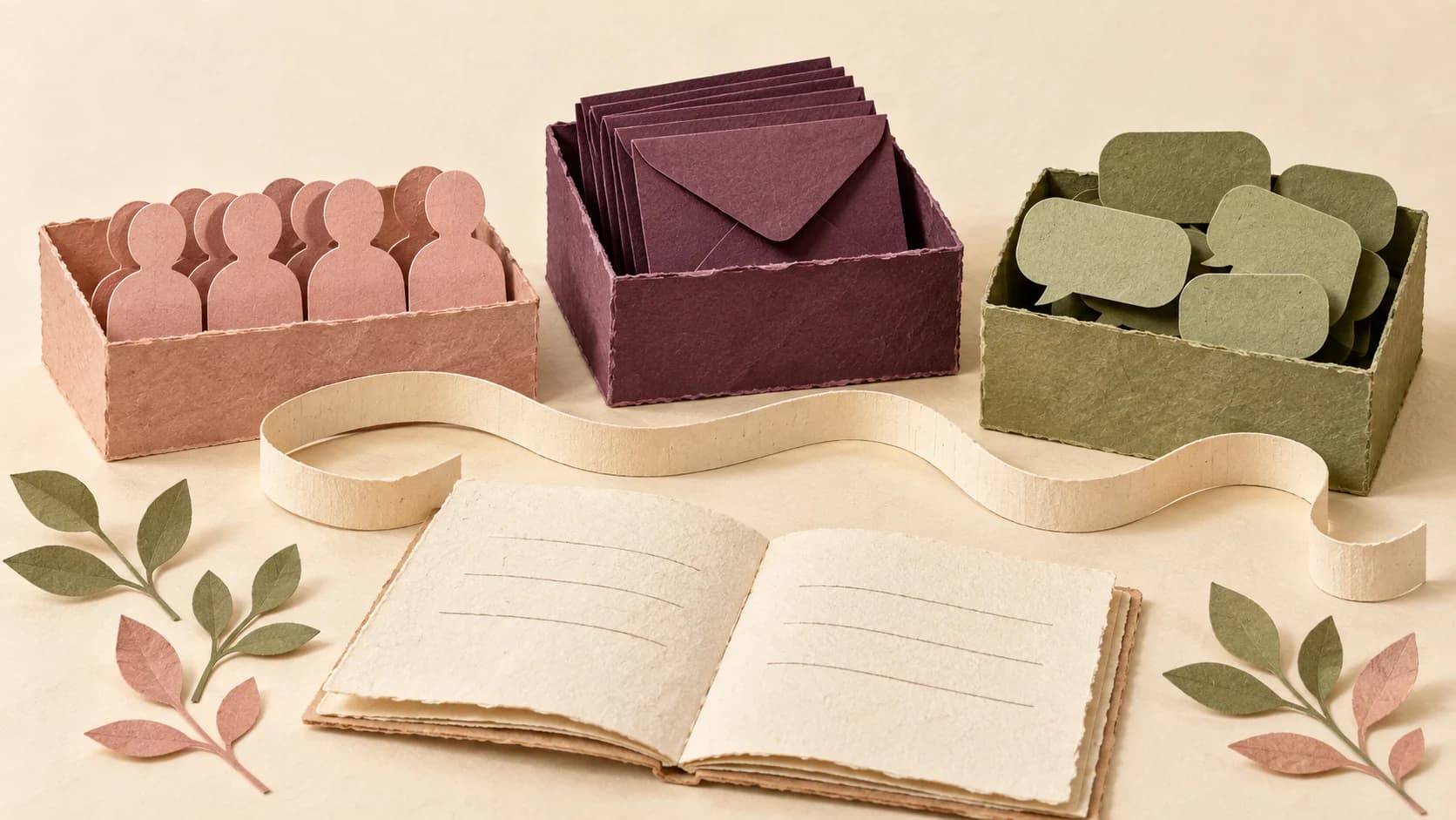 People, envelopes, and conversation bubbles in separate paper trays, representing different usage-counting units.