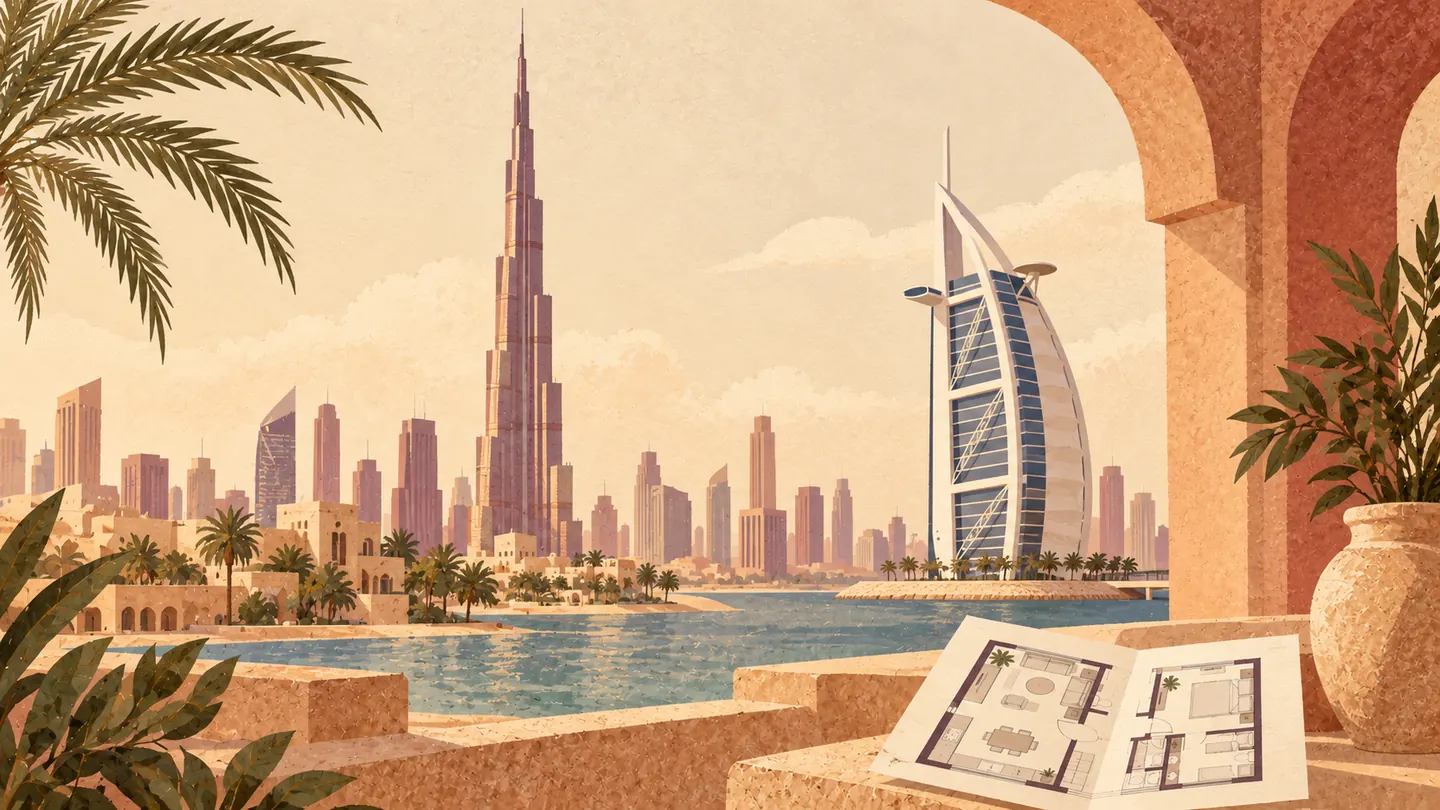 Illustrated Burj Khalifa and Burj Al Arab above a waterfront, with a floor-plan brochure in the foreground.