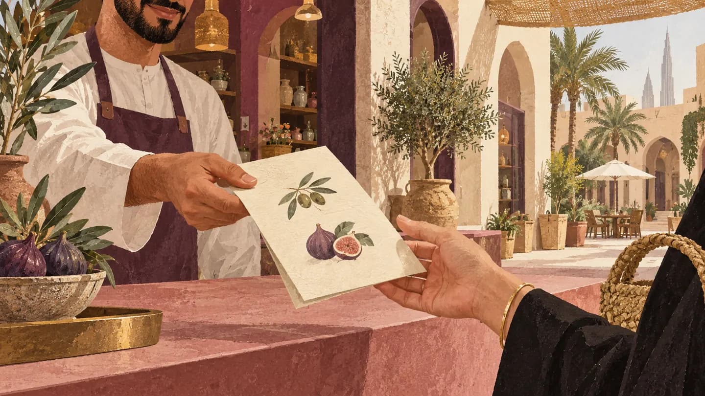A shopkeeper hands a folded menu to a customer in a warm arched courtyard.