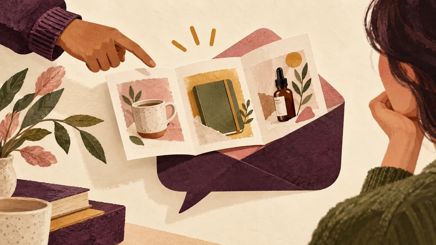 A hand points to product recommendation cards inside a speech-bubble envelope being shown to a reader.