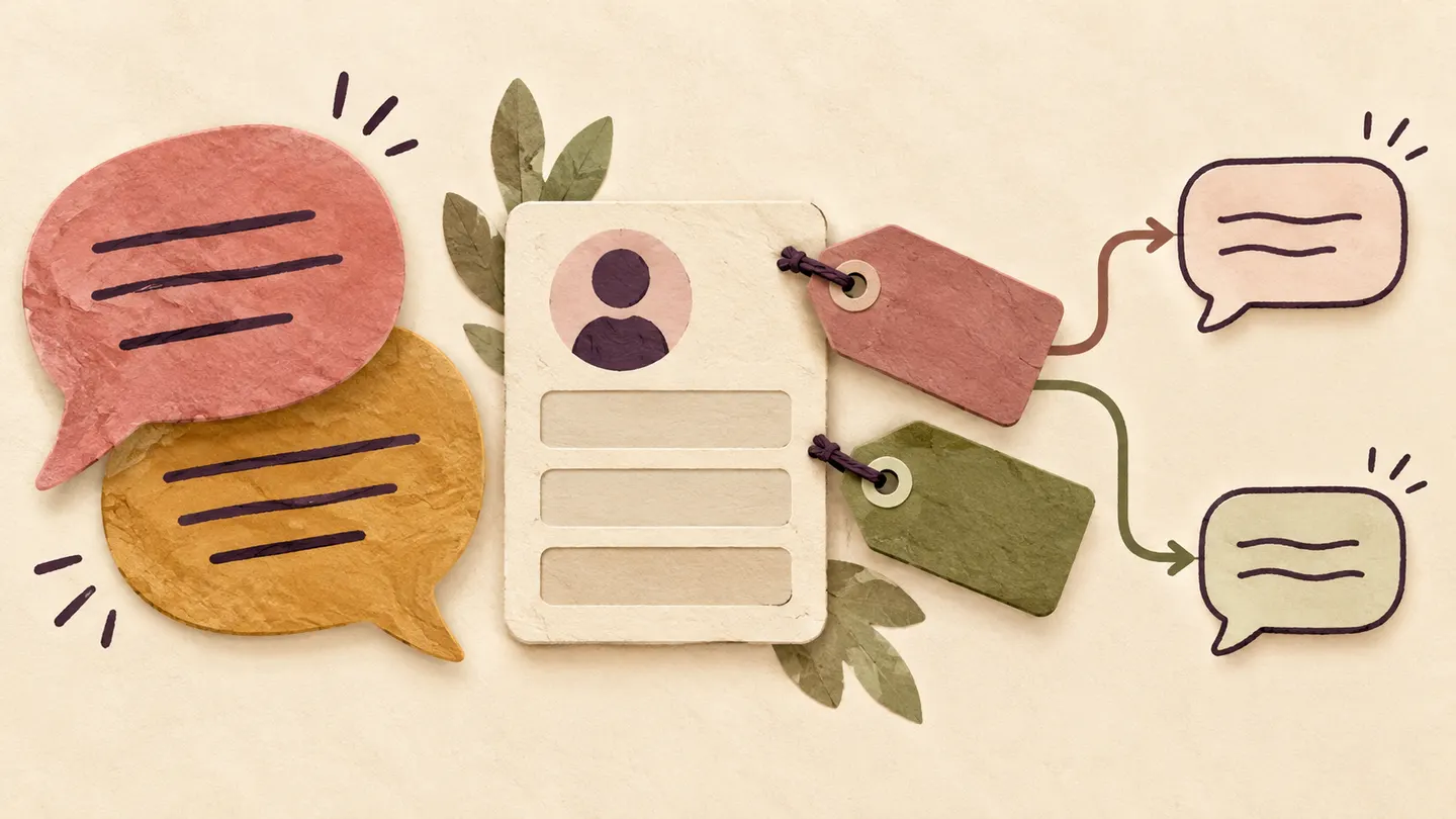 Chat bubbles beside a card with three field slots and two colored tags branching toward follow-up messages.