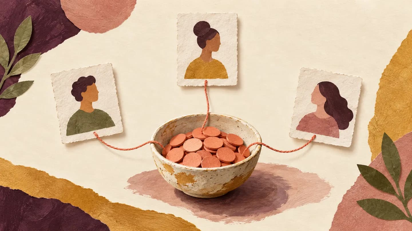 Three illustrated profile cards connect by thread to one shared bowl of coral tokens.