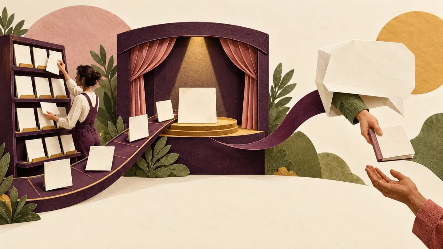 Blank picture cards travel from a shelving rack to a small theatre and a hand receiving a booklet.