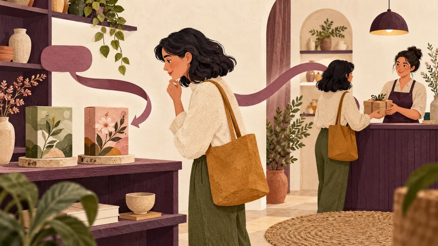 A rose conversation path connects a product display with a shopper and a separate checkout counter.