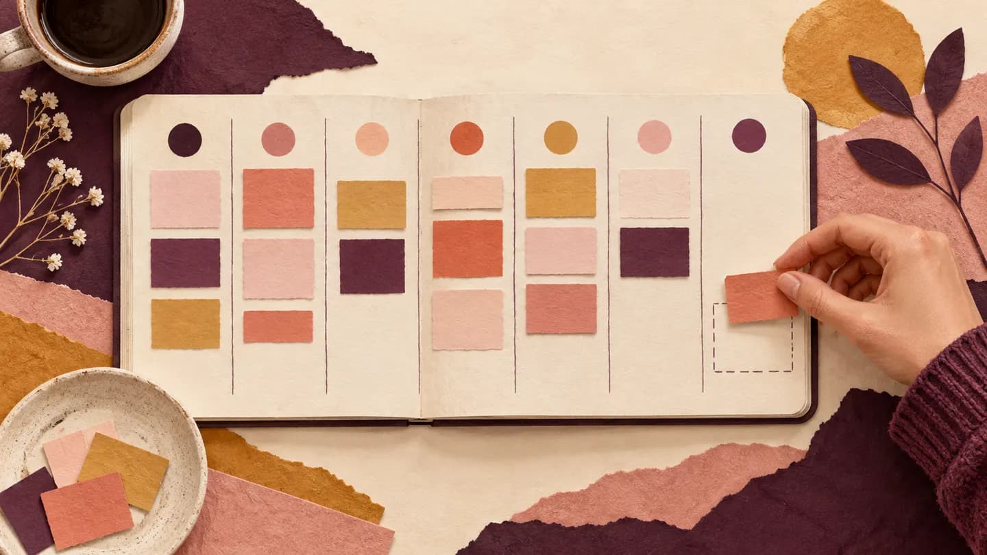 A hand moves a coral paper task tile across a seven-column paper planner.