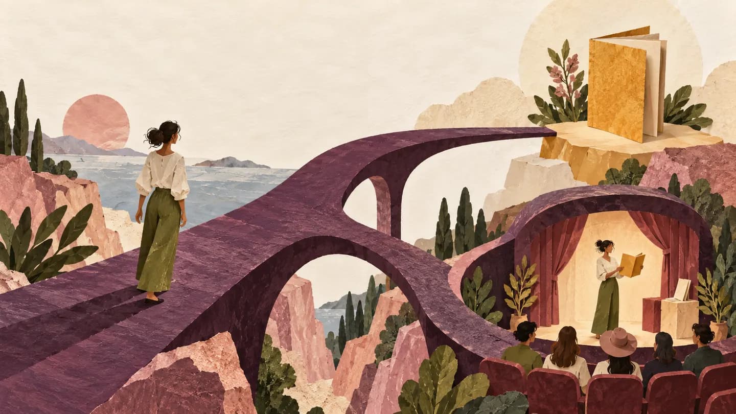 A person chooses between plum bridges leading to a booklet and a demonstration in a small theatre.