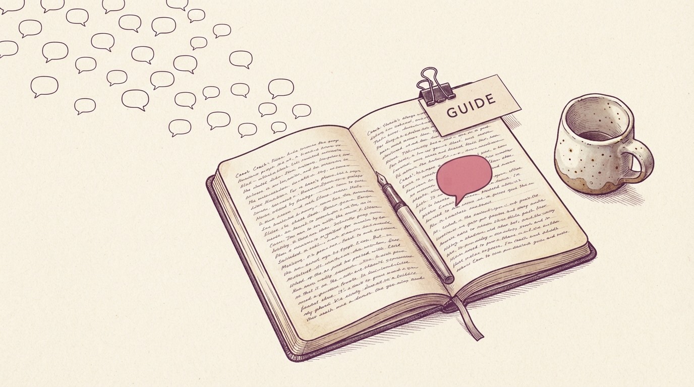 An open notebook and pen on a coach's desk, with a rose chat bubble landing among empty ones: Instagram automation for coaches and consultants