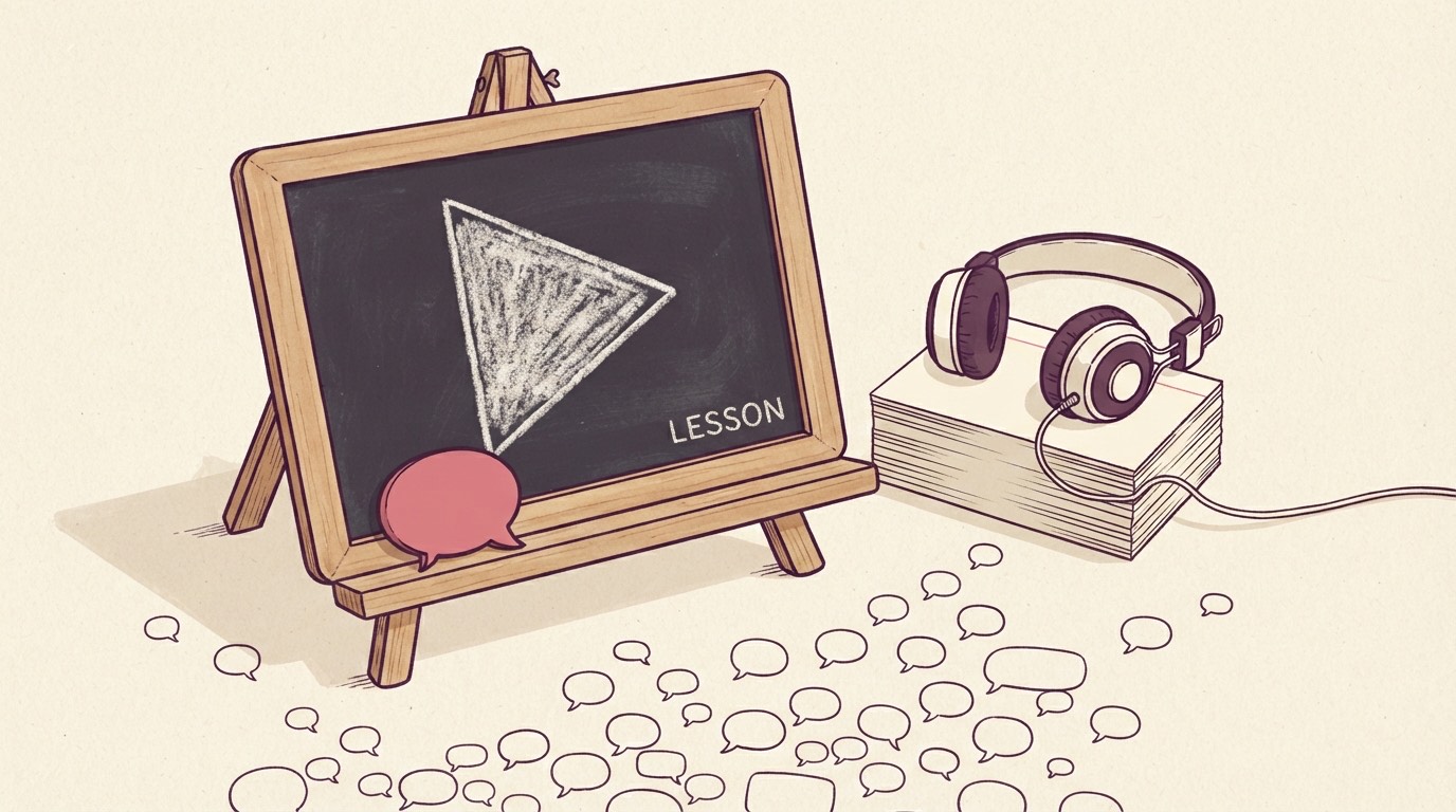 Chalkboard easel with a chalked play button, index cards and headphones: Instagram automation for course creators