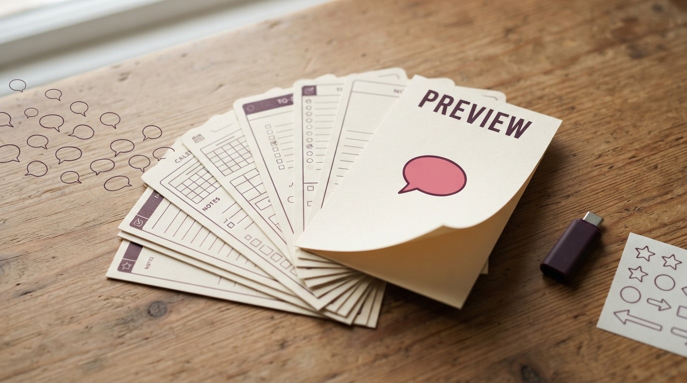 Fanned template cards with the top one labelled preview and a rose chat bubble landing on it: Instagram automation for digital product sellers
