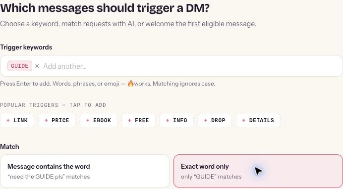 ReplyMagnet incoming-DM settings show the GUIDE keyword and Exact word only selected.