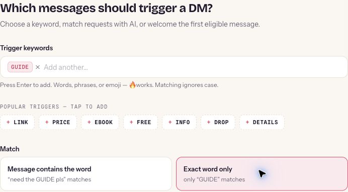 ReplyMagnet DM trigger settings with GUIDE entered and Exact word only selected