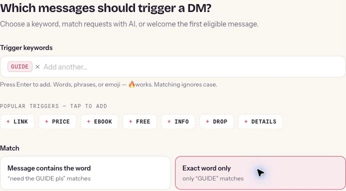 Actual ReplyMagnet incoming-DM trigger settings show GUIDE as the keyword with exact-word-only matching selected.