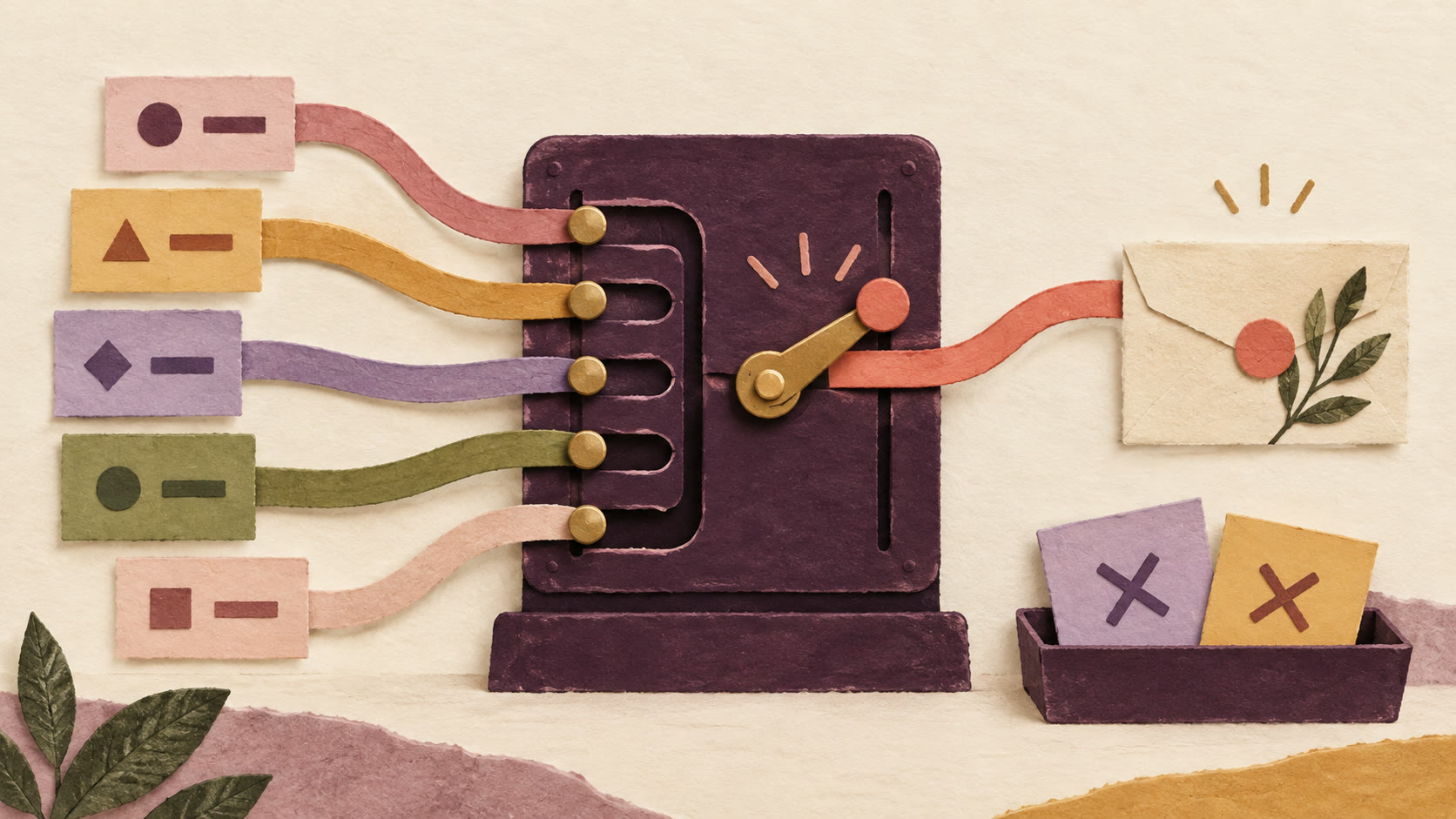 Several paper routes enter a dark switchboard; one coral route leaves toward a sealed resource envelope while two conflicting cards are set aside.