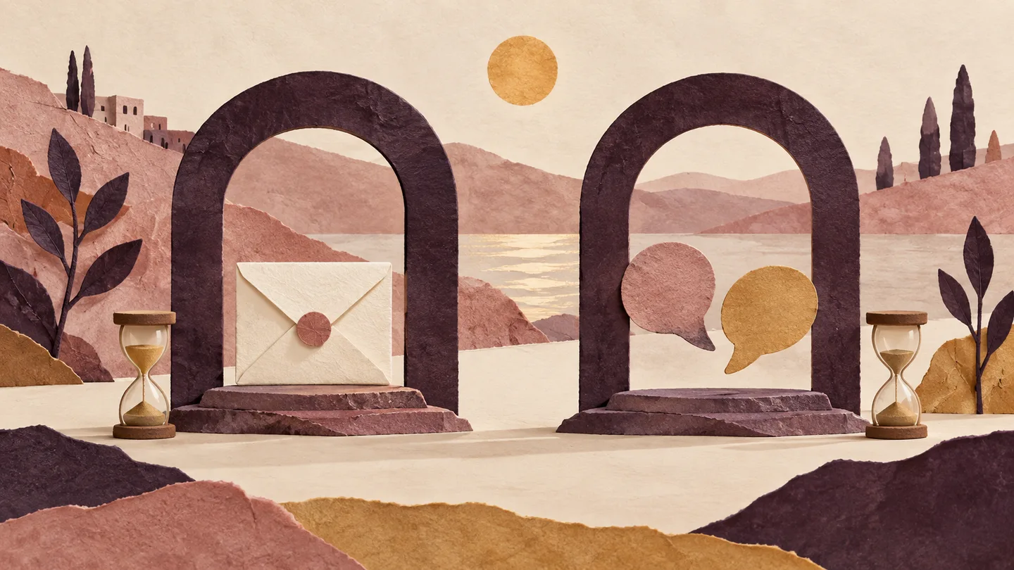 Two paper archways contain an envelope and conversation shapes, with an hourglass beside each.