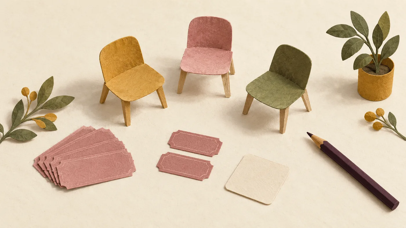 Three paper chairs beside blank registration tickets, a cream tile and a pencil.