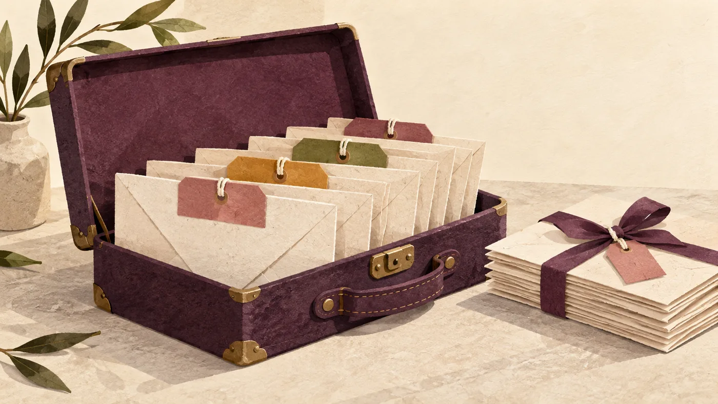 Cream envelopes with colored tags sit in an open plum case beside a ribbon-tied stack of envelopes
