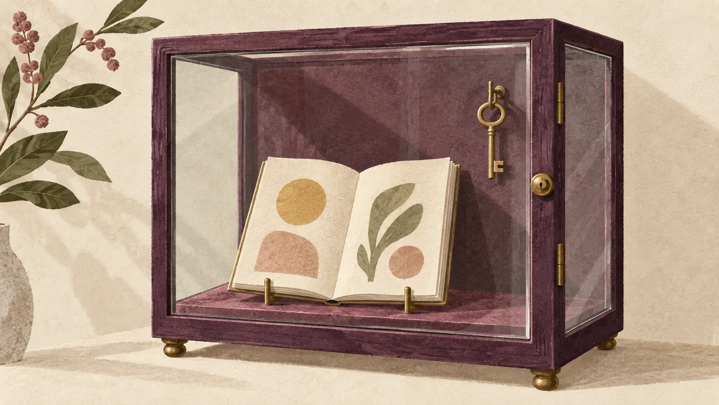 An open illustrated booklet and a brass key sit inside a closed plum-framed glass display box