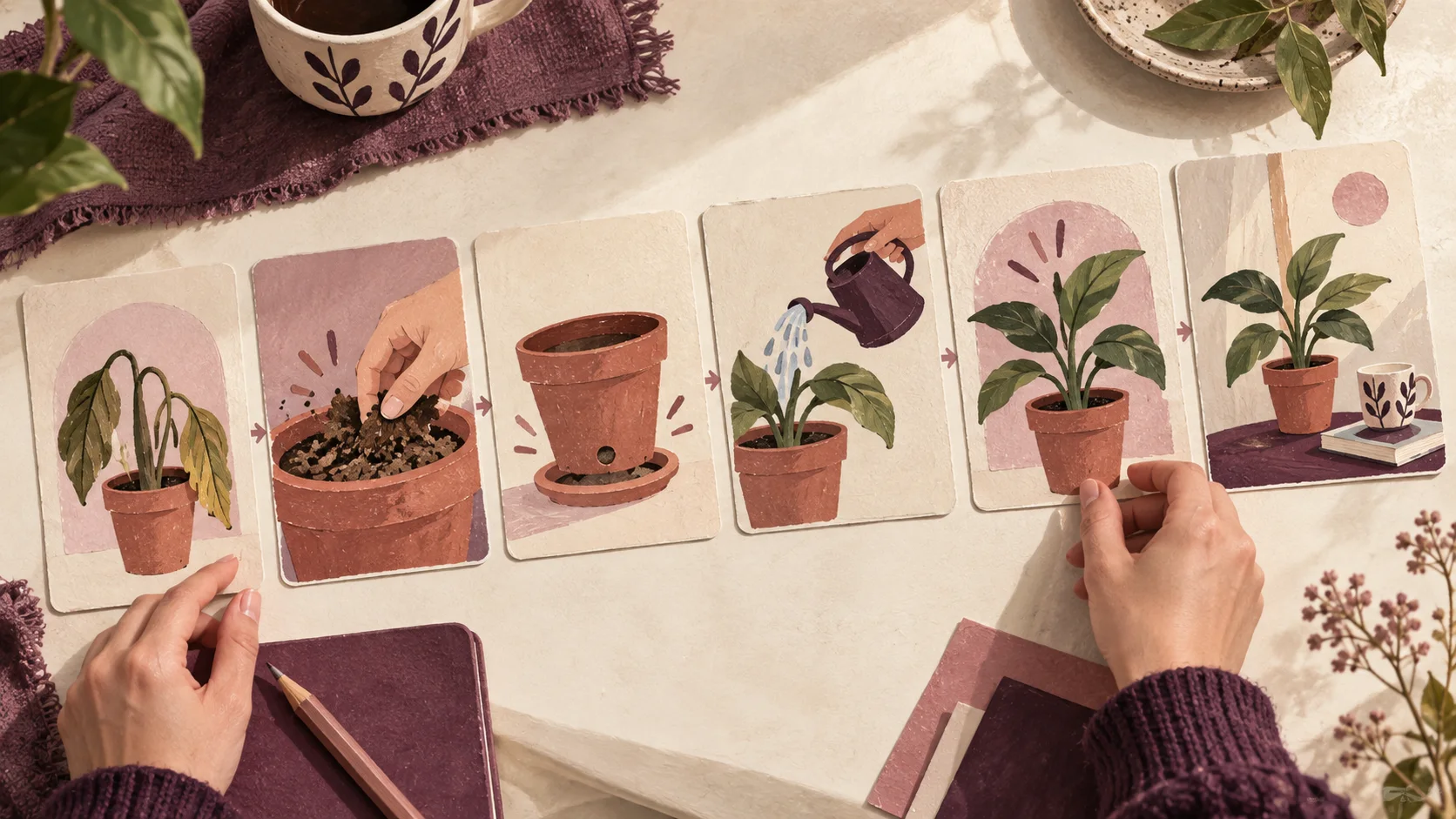 Six illustrated teaching cards show a sequence of plant-care observations and actions.