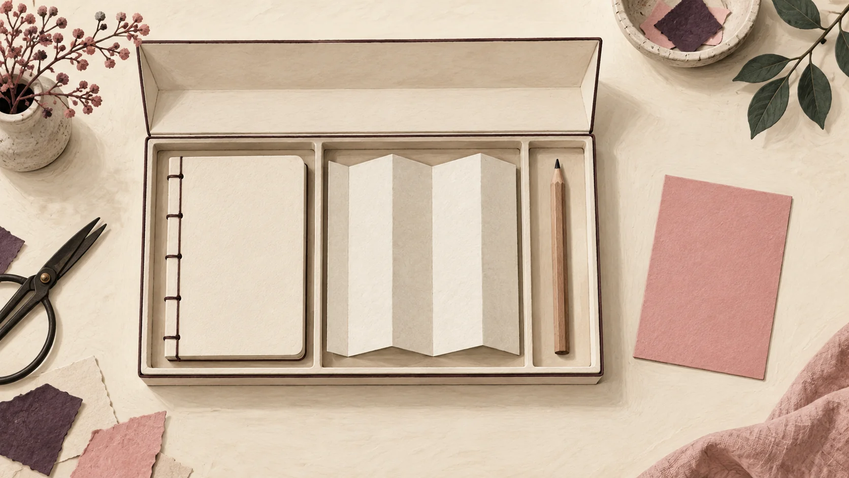 A fitted box separates a notebook, folded plan and pencil from an extra card outside the package.