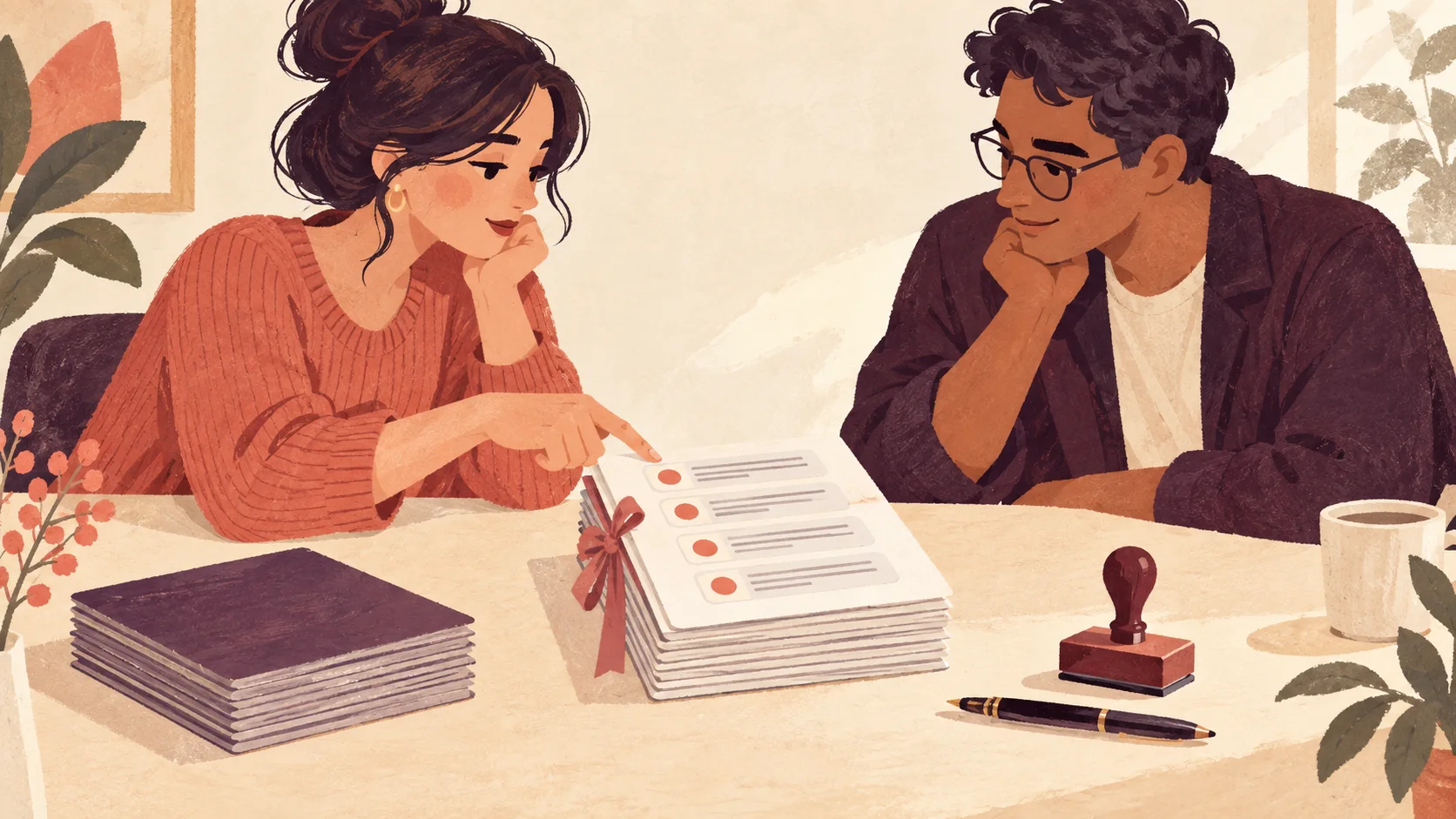 Two people review the same ribbon-bound set of message cards while an older version rests aside.