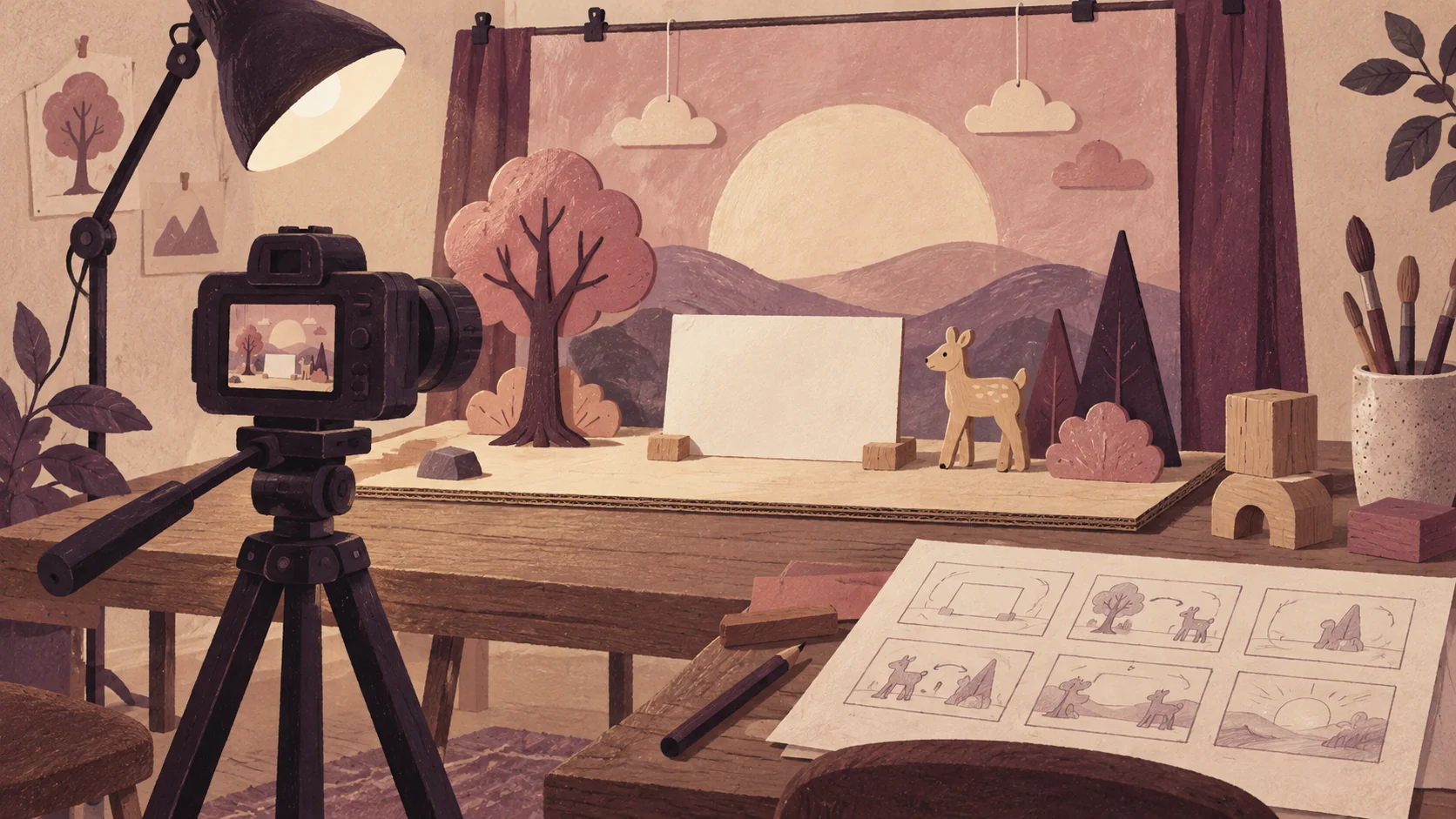 Illustration of a camera filming a miniature paper stage beside a storyboard