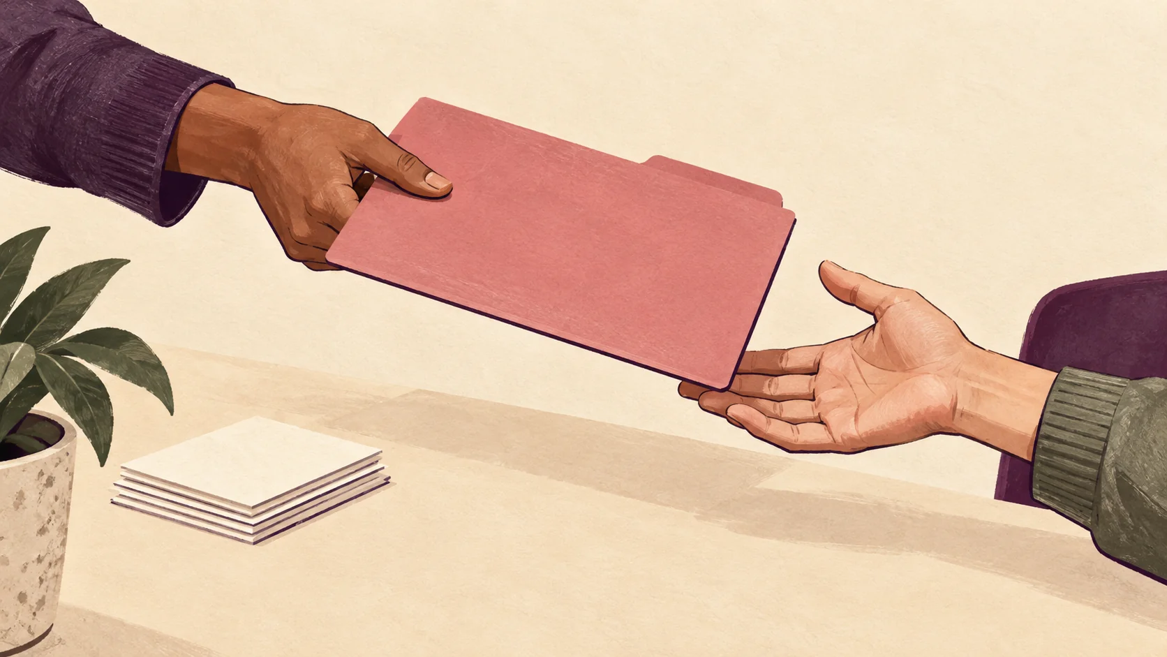 Two illustrated hands pass one rose-colored folder between them.