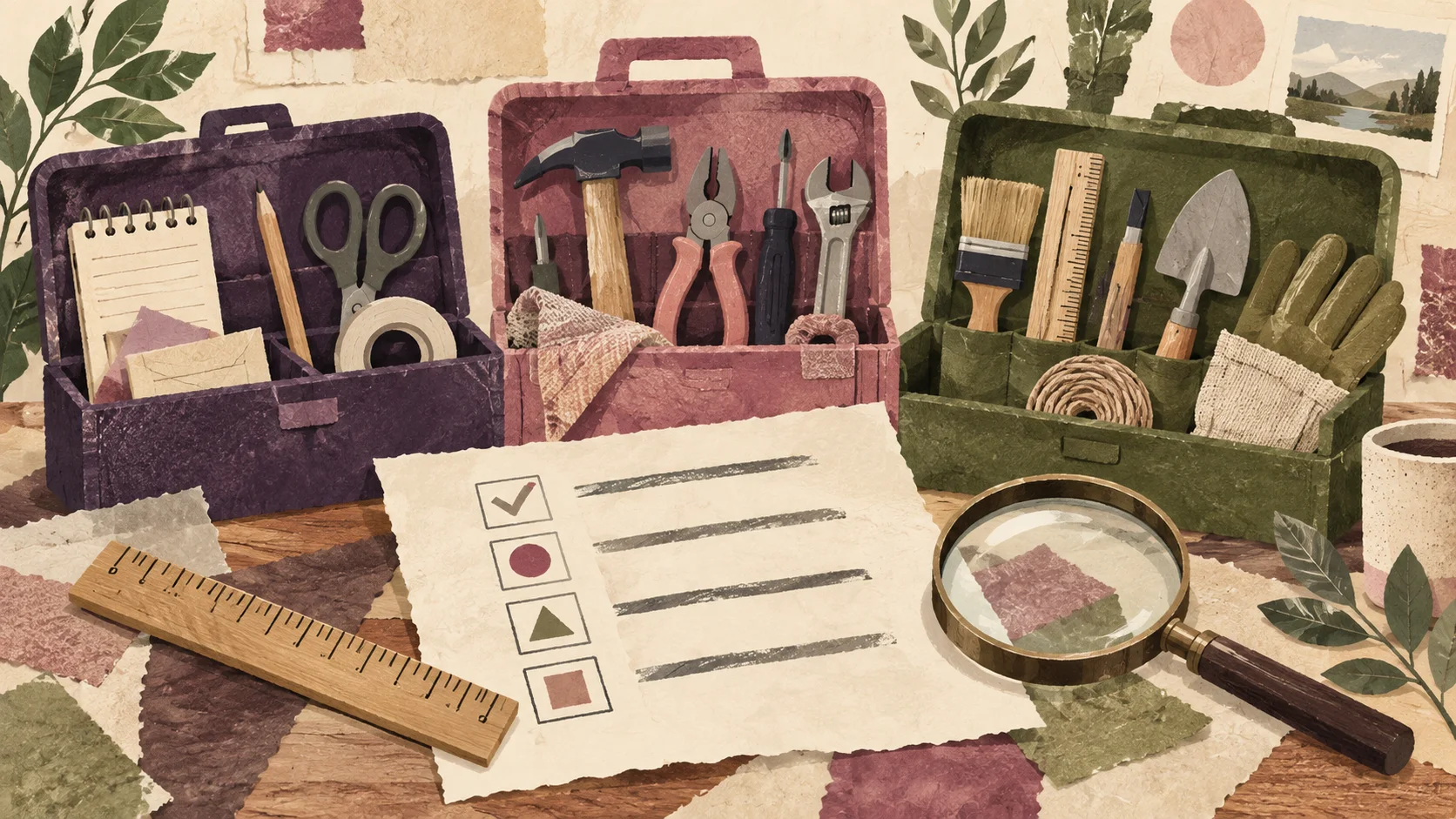 Illustration of three different toolkits beside a checklist and magnifying glass