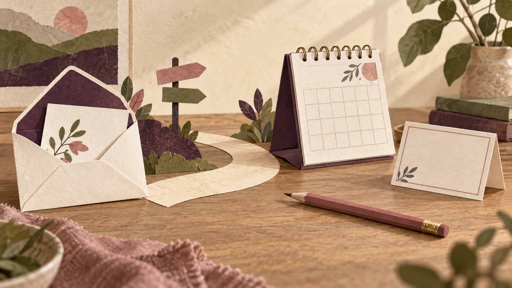 Illustration of an envelope, branching paper path and desk calendar