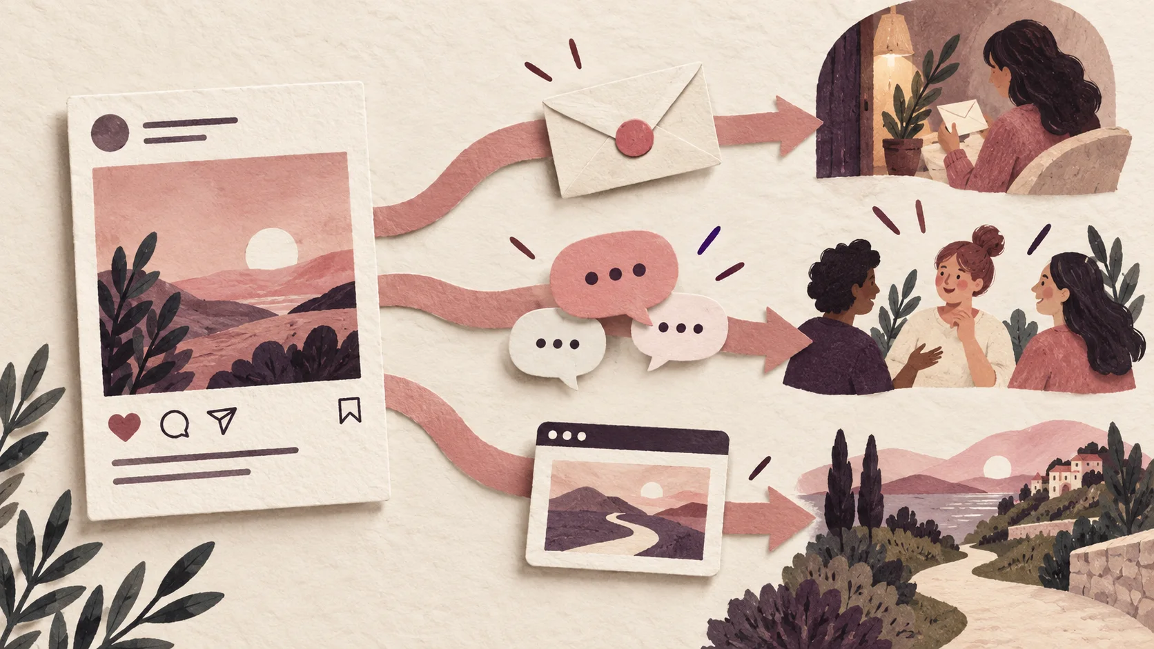 Three illustrated paths from a social post lead to a private letter, a public conversation and a website.