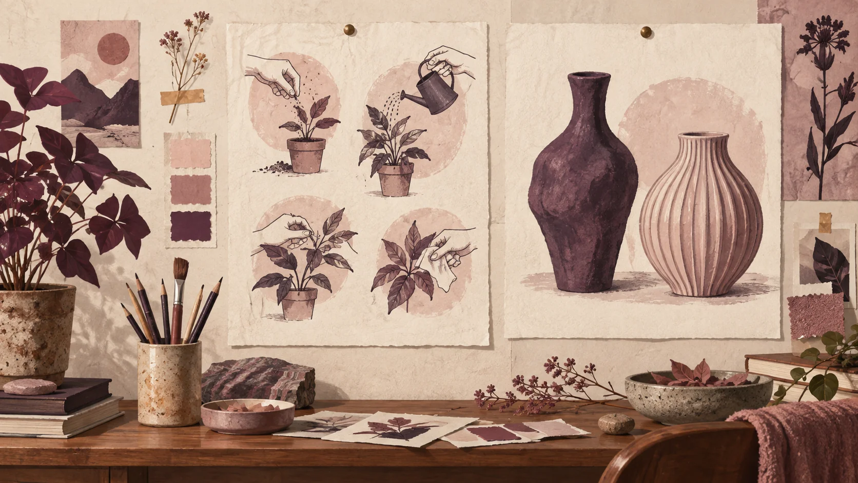 Illustration of a plant-care sequence beside a comparison of two decorative vessels