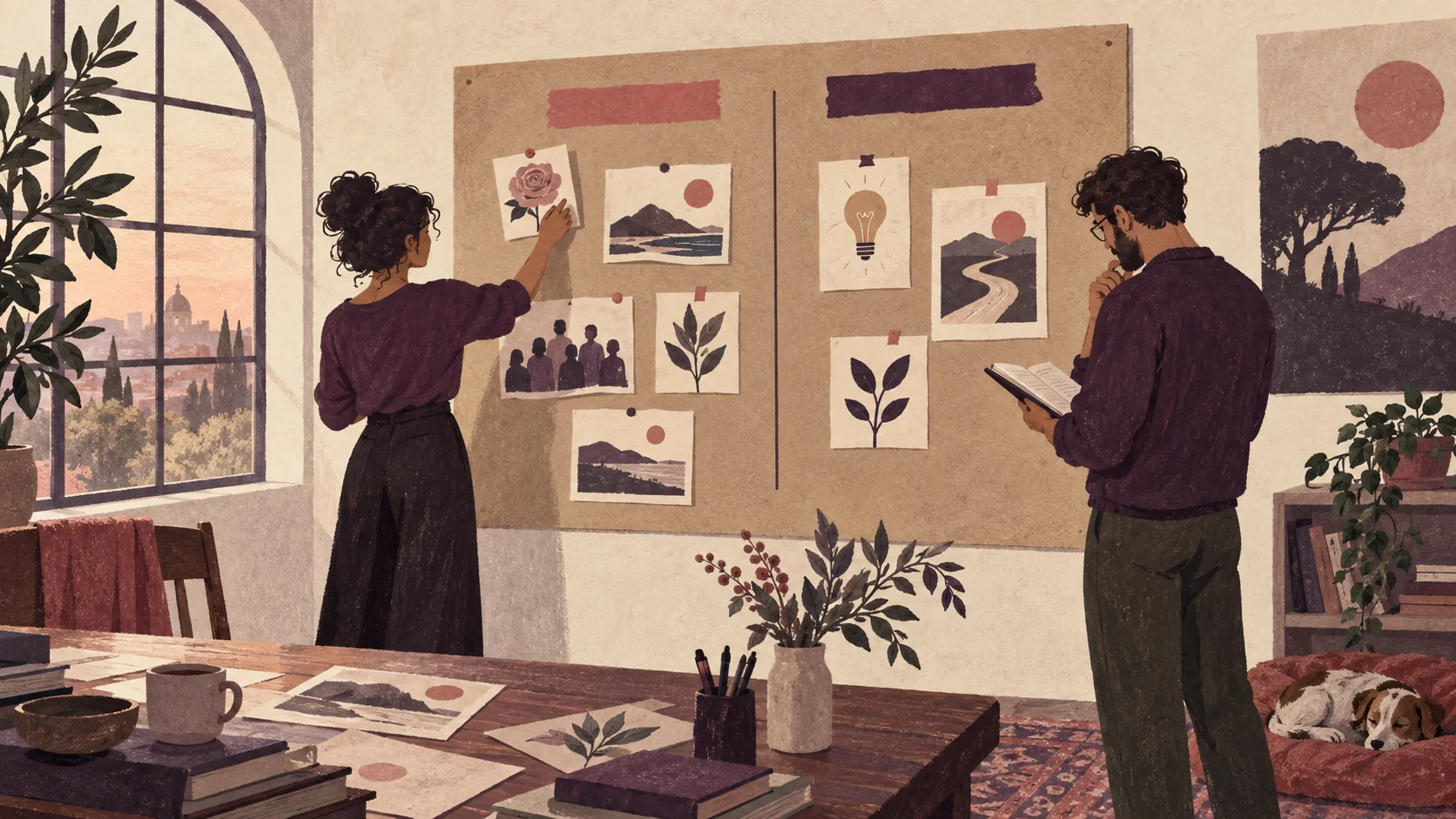 Illustration of two colleagues reviewing cards on a campaign pinboard
