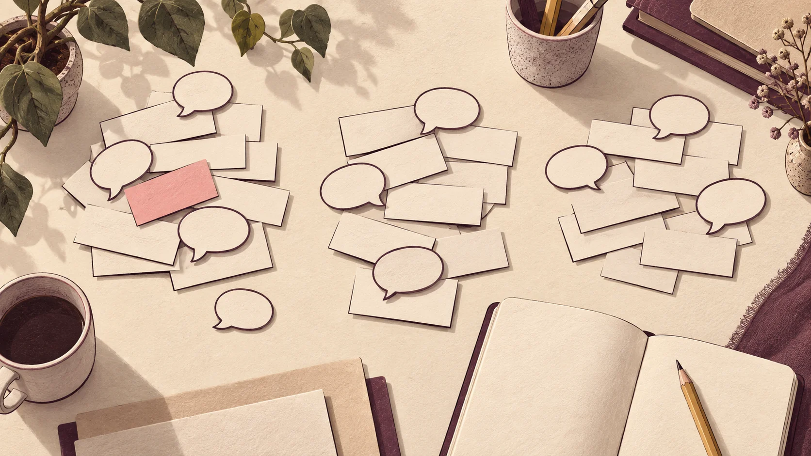 Editorial illustration of anonymous audience questions being organized into a content research board