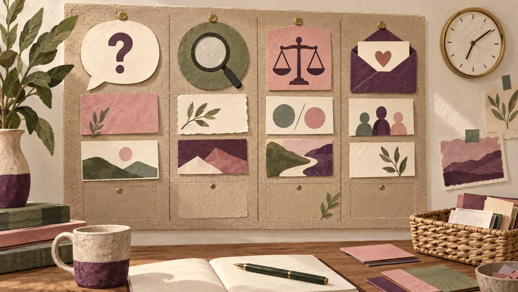 A four-column planning board groups question, evidence, comparison and invitation cards with space left open.