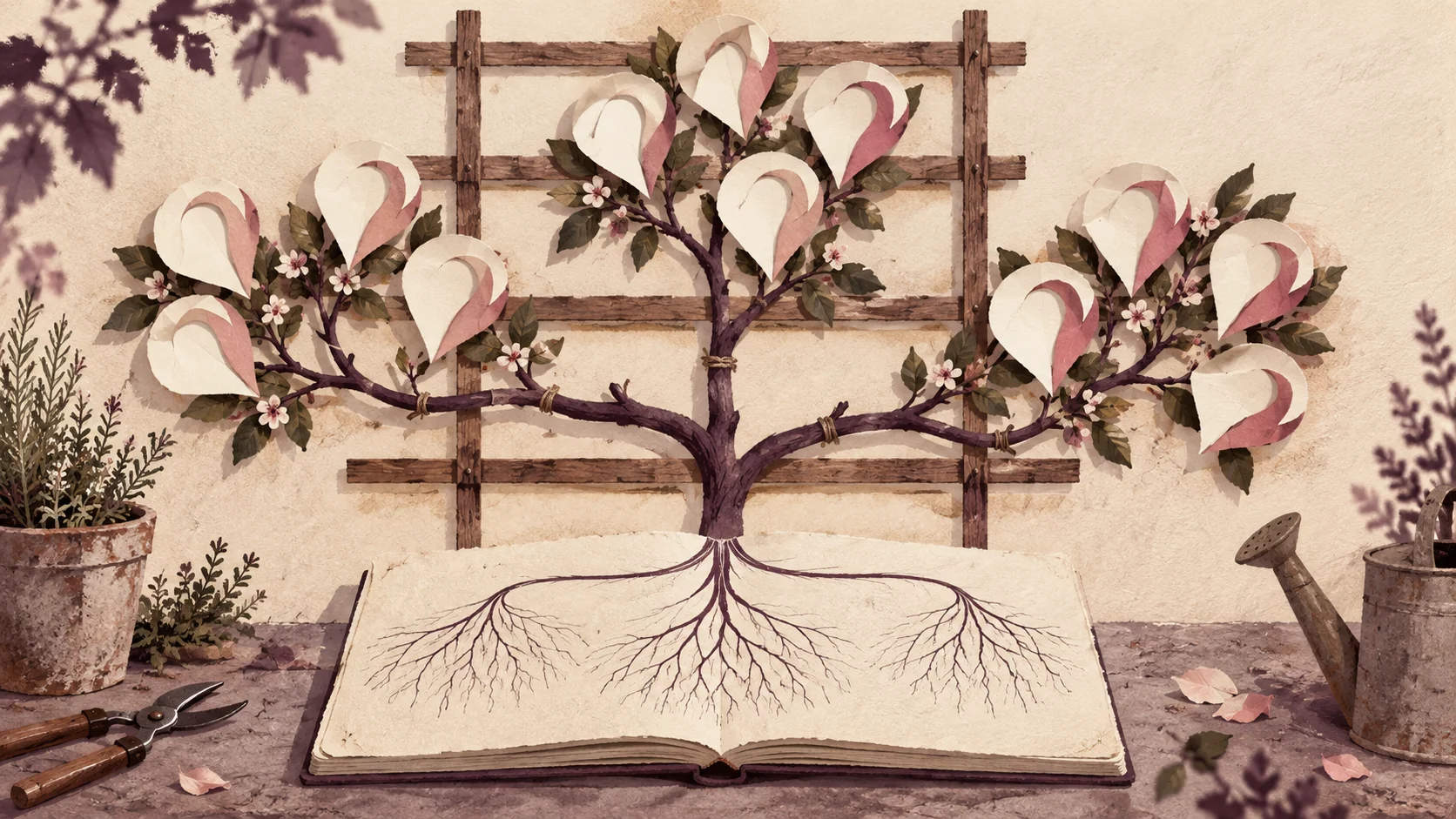 Illustrated question cards grow from the branches of a topic tree above an open planning book