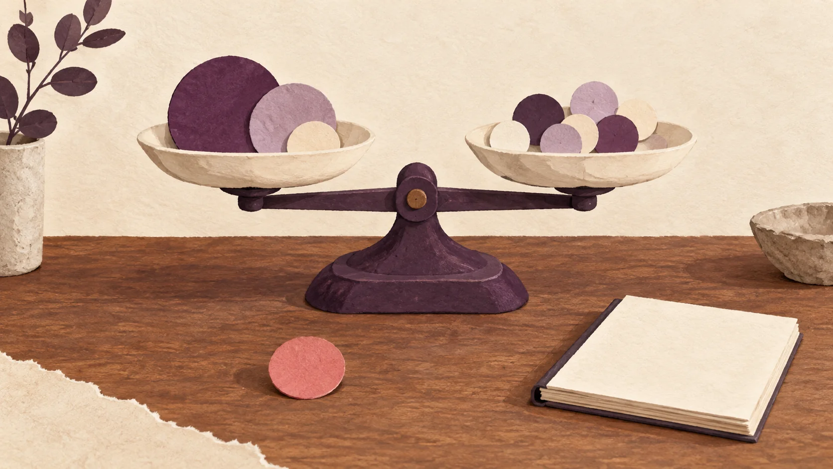 Unequal groups of paper circles rest on opposite sides of a balance scale.
