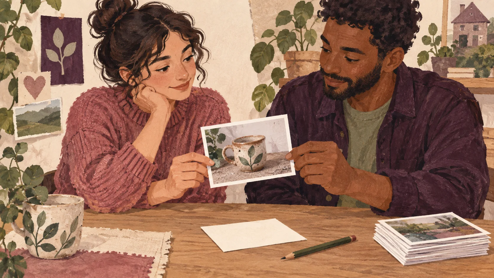 Illustration of two people reviewing a printed photograph of a cup at a table
