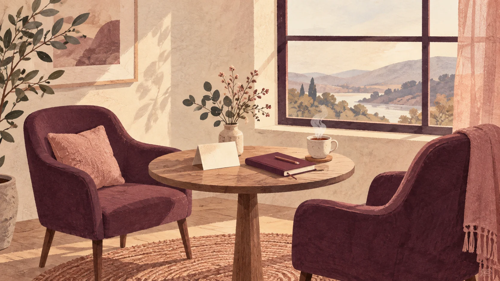Illustration of two empty chairs around a table with a notebook and invitation card