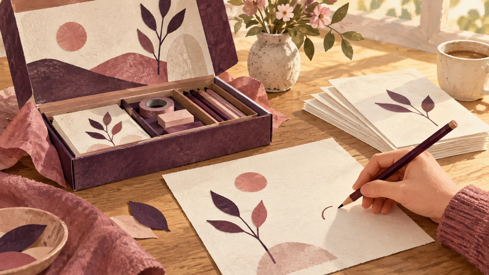 Illustration of a hand beginning a botanical drawing beside an open creative starter kit
