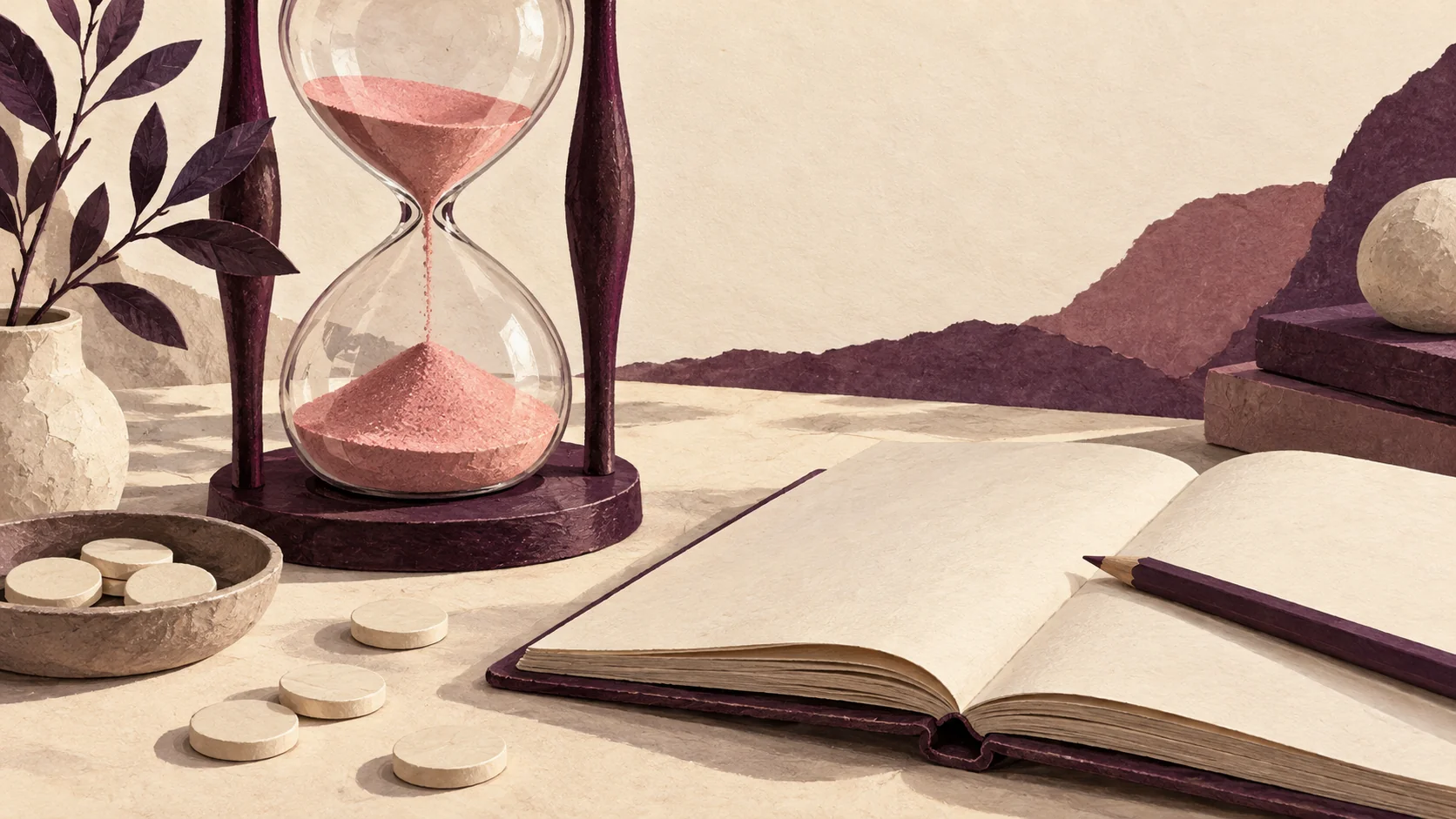 An hourglass, coins and an open ledger illustrate the time and cost of a workflow.