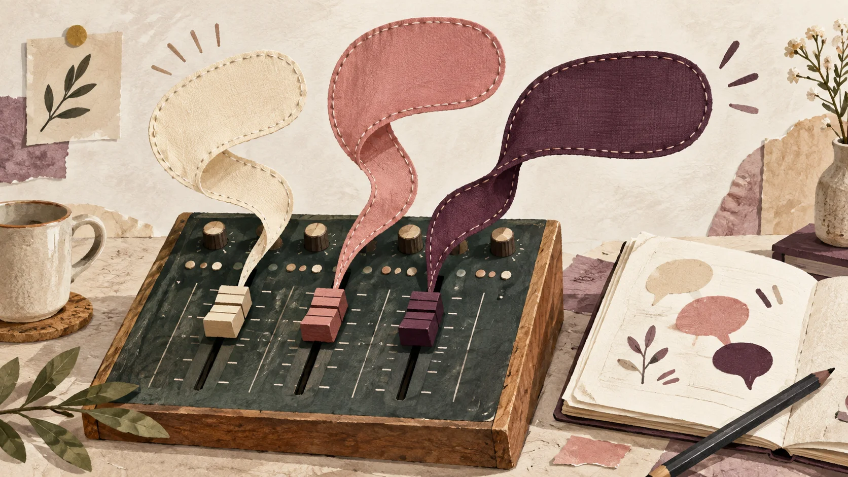 Three fabric speech ribbons share one stitched style above a sound-mixing desk.