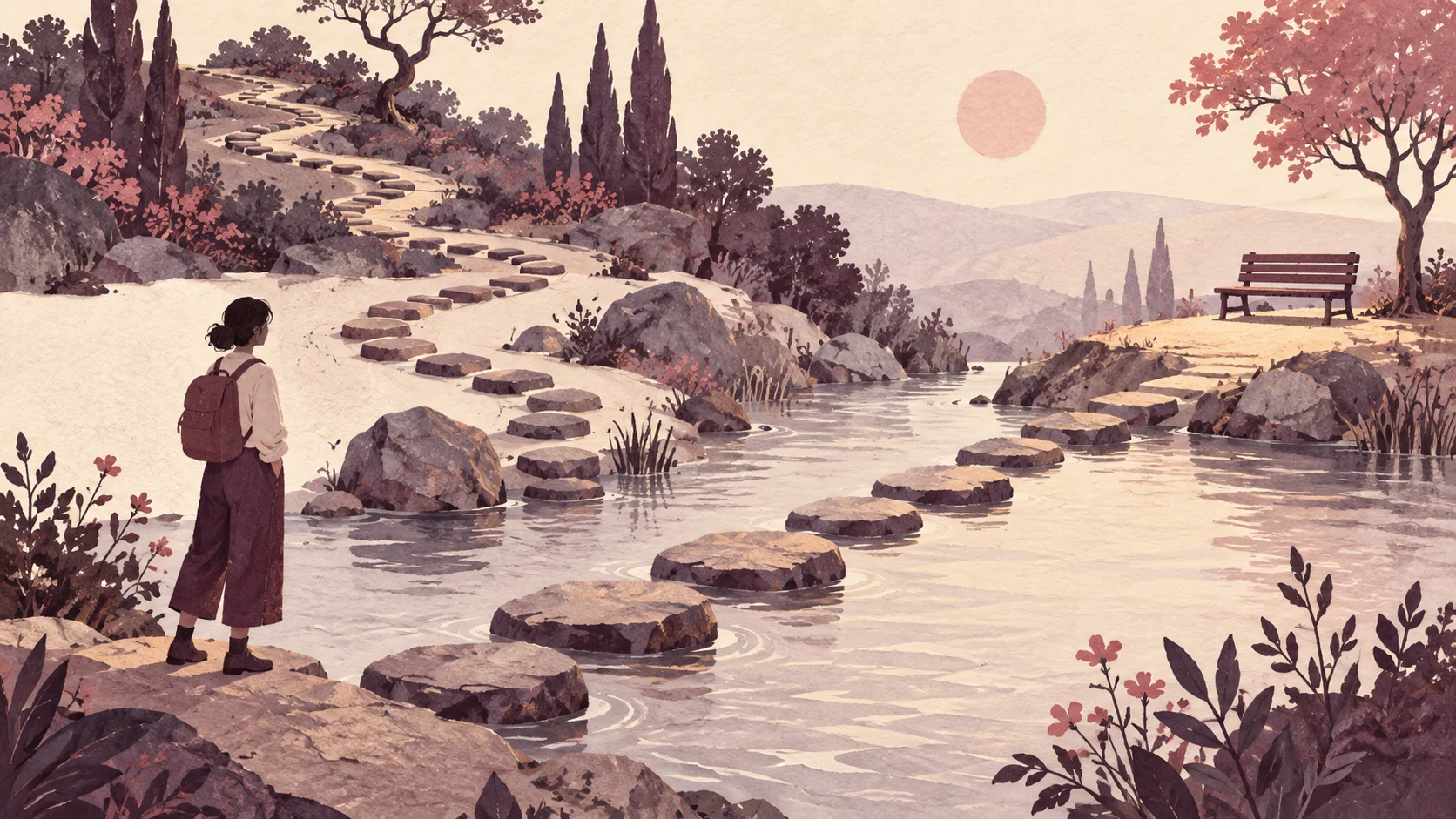 Illustration of a traveler facing two stepping-stone routes across water