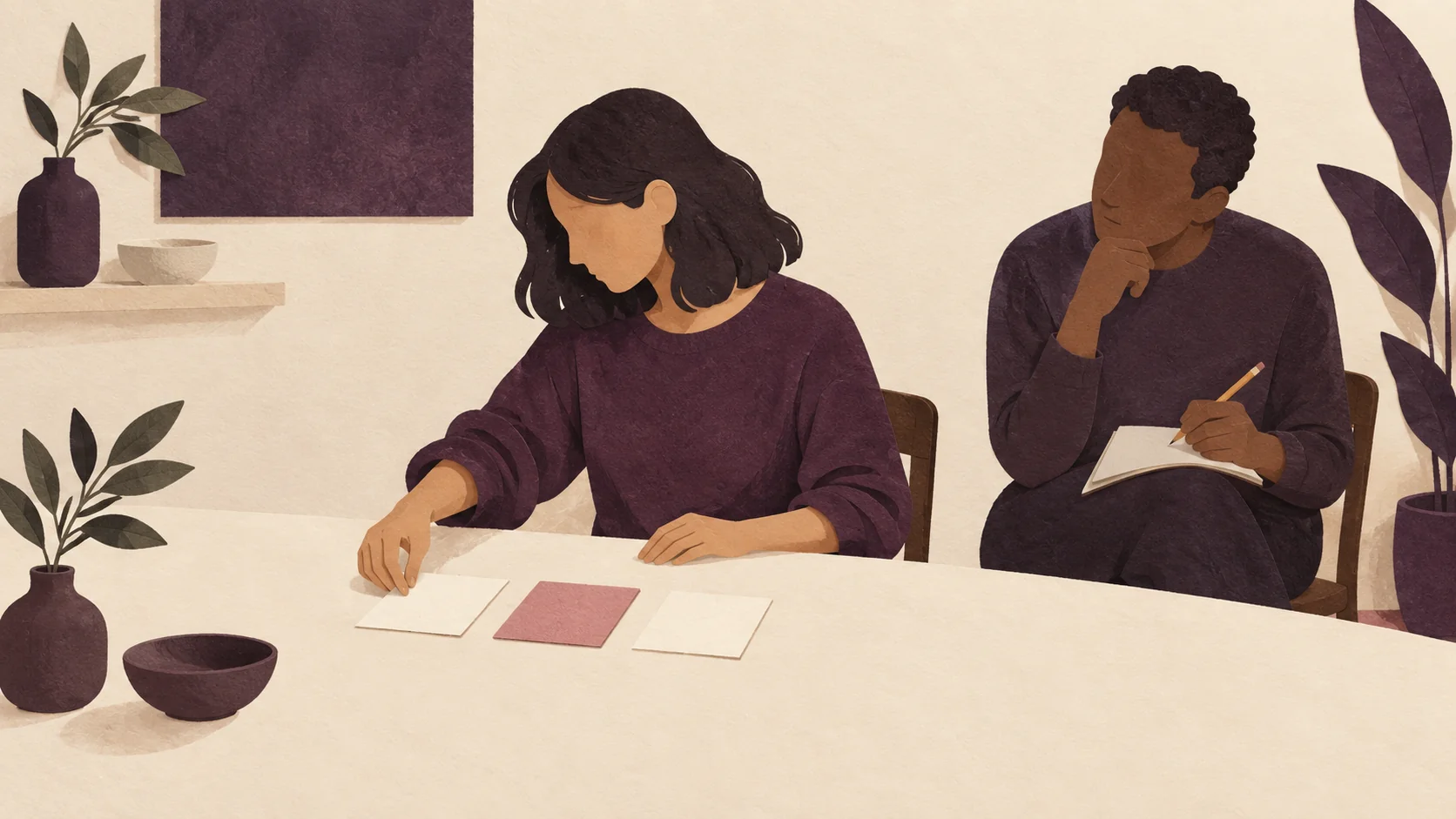 A participant arranges task cards while an observer writes notes.