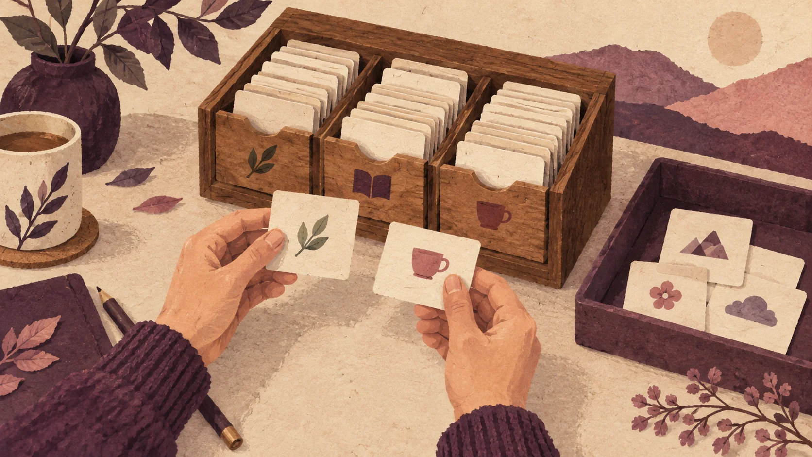 Illustration of icon-marked cards sorted into a wooden catalogue beside a separate review tray