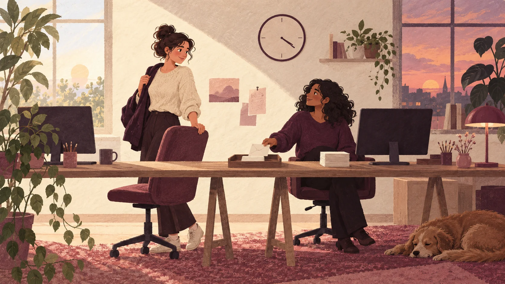 Illustration of two colleagues handing over work at a shared desk
