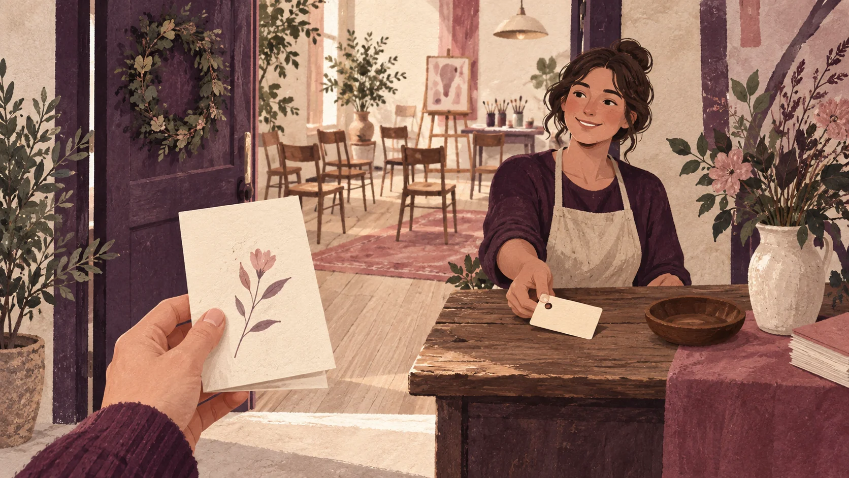Illustration of a visitor at a workshop welcome desk with an art studio beyond