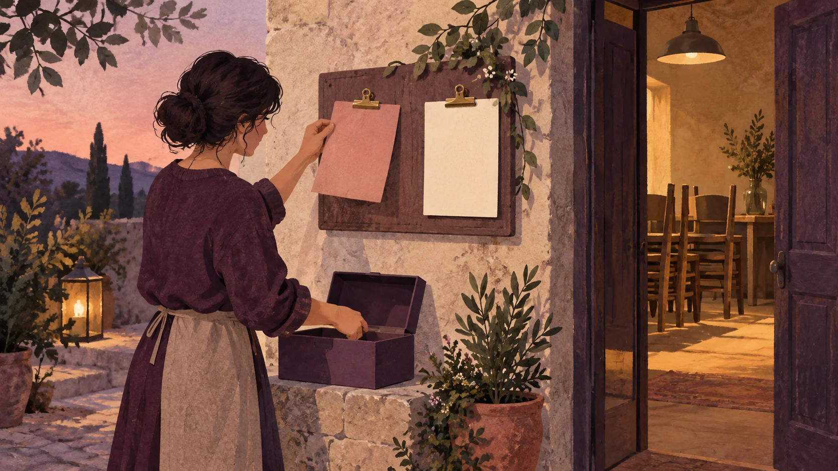 Illustration of a person removing a rose-colored notice beside a cream notice outside a room with stacked chairs